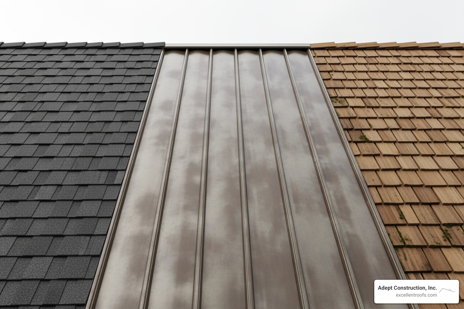 various roofing materials like asphalt shingles, metal panels, and cedar shakes - roof repair cost near me