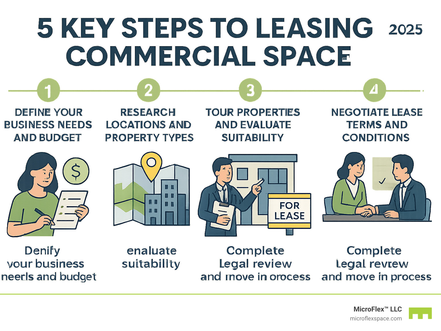 Infographic showing the 5 key steps to leasing commercial space: 1. Define your business needs and budget, 2. Research locations and property types, 3. Tour properties and evaluate suitability, 4. Negotiate lease terms and conditions, 5. Complete legal review and move-in process - commercial spaces for lease infographic Infographic showing the 5 key steps to leasing commercial space: 1. Define your business needs and budget, 2. Research locations and property types, 3. Tour properties and evaluate suitability, 4. Negotiate lease terms and conditions, 5. Complete legal review and move-in process - commercial spaces for lease infographic