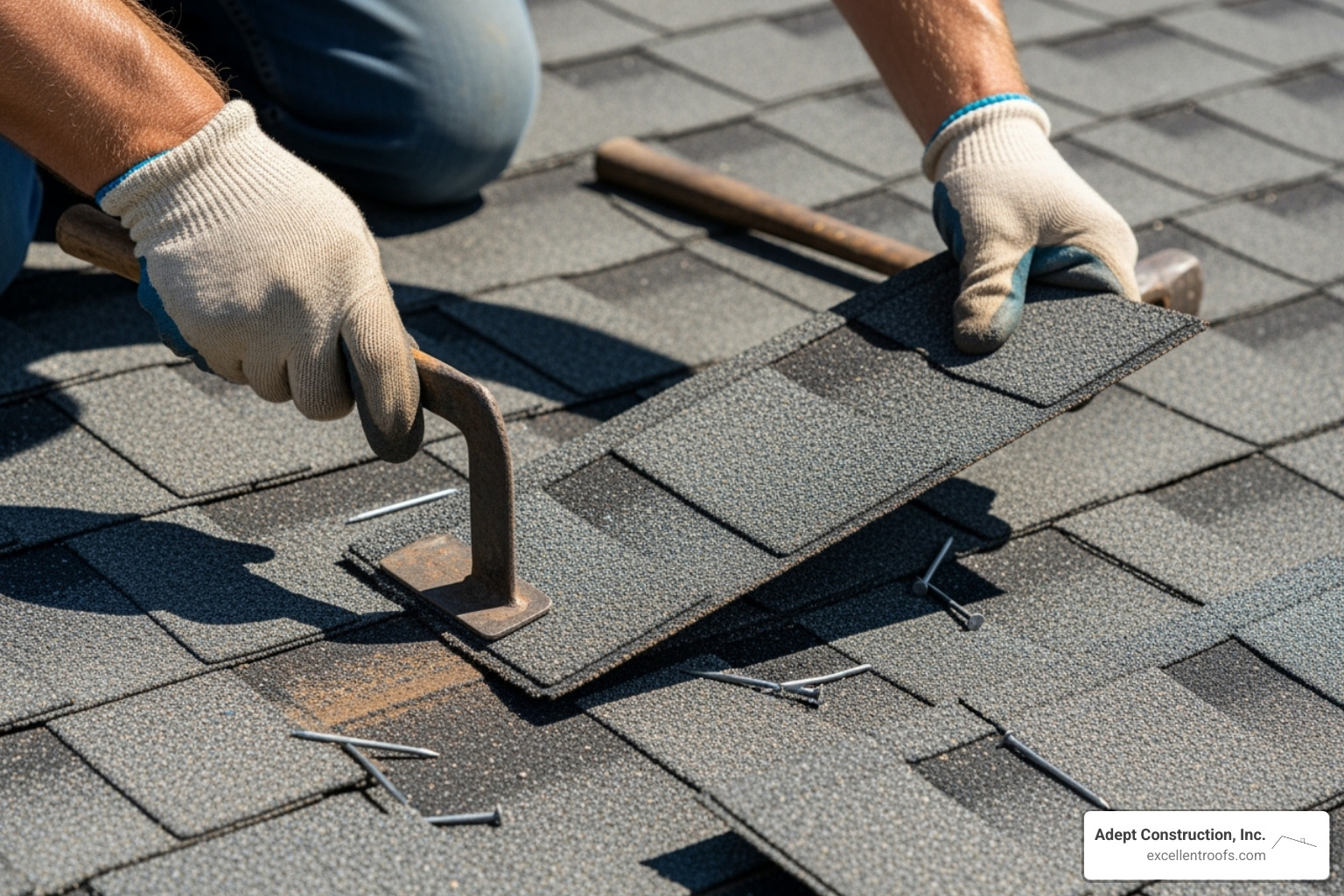 close-up on damaged asphalt shingles being replaced - roof repair cost near me
