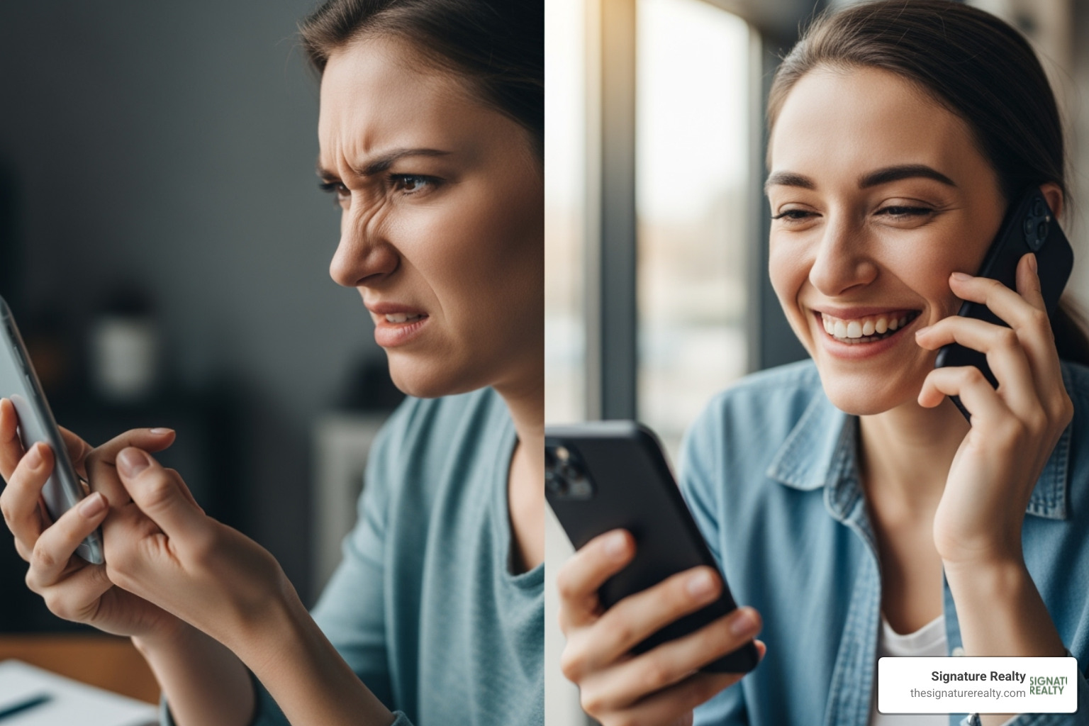 frustrated person on the phone versus a happy customer - live receptionist miami virtual offices frustrated person on the phone versus a happy customer - live receptionist miami virtual offices