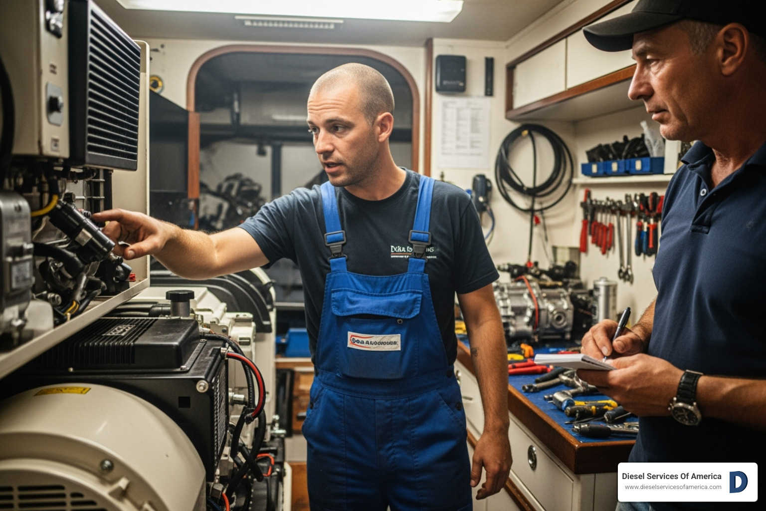 Technician explaining a part to a boat owner - kohler marine generator service near me