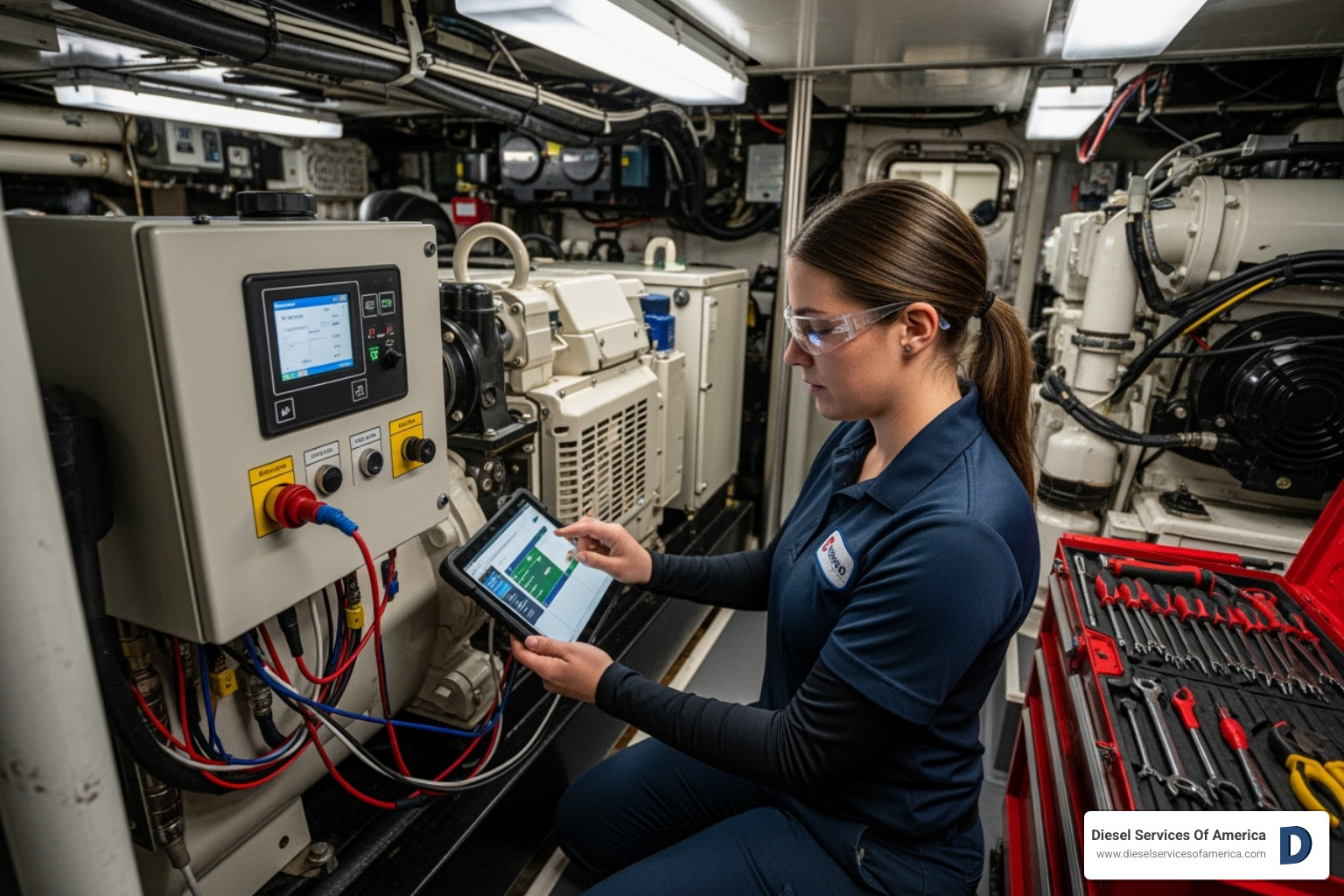 Certified technician performing diagnostics on a marine generator - kohler marine generator service near me