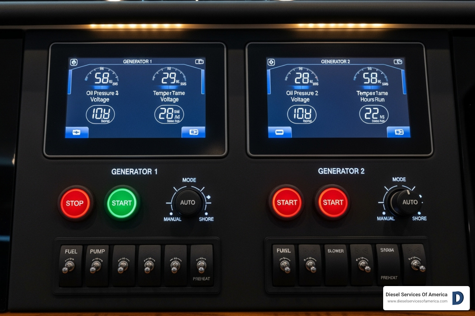 Modern yacht's dashboard showing generator controls - kohler marine generator service near me