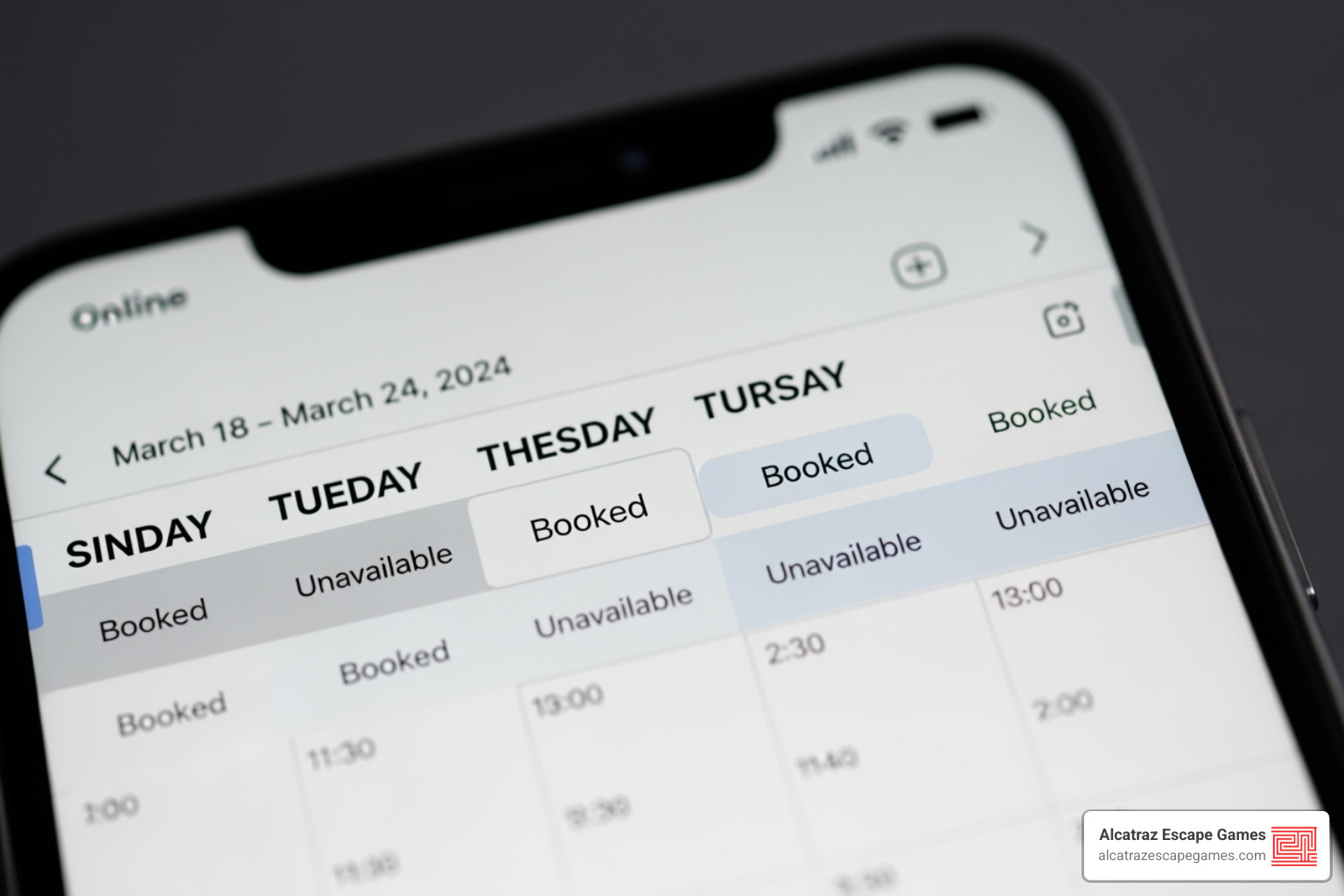 a smartphone screen showing an online booking calendar for an escape room - escape room provo