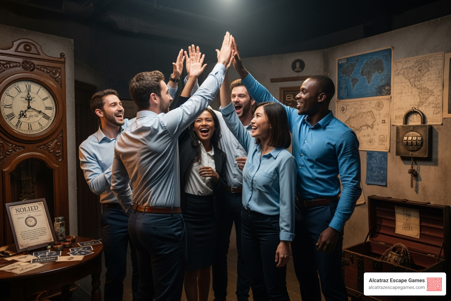 a corporate team high-fiving after successfully escaping a room - escape room provo