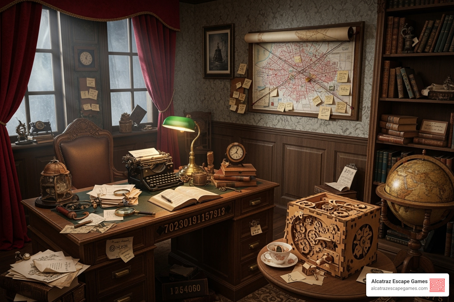 a themed escape room interior, like a detective's office or an ancient tomb - escape room provo