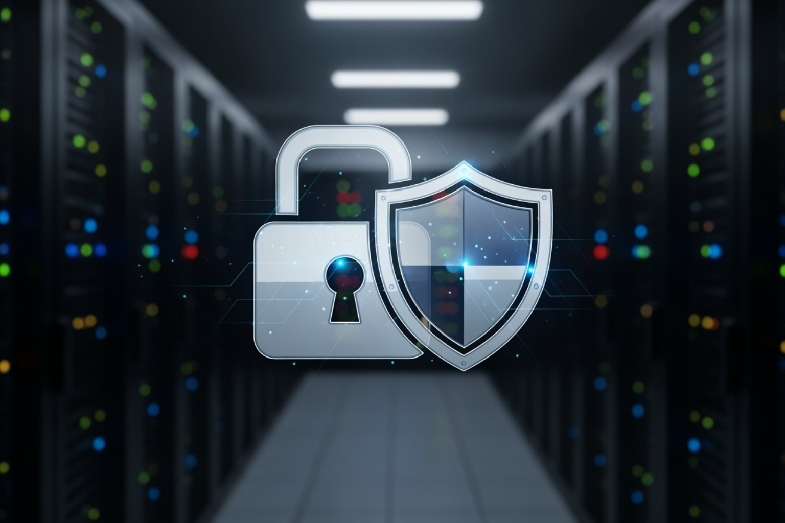 digital lock and shield icon overlaying a server rack - crypto 30x .com