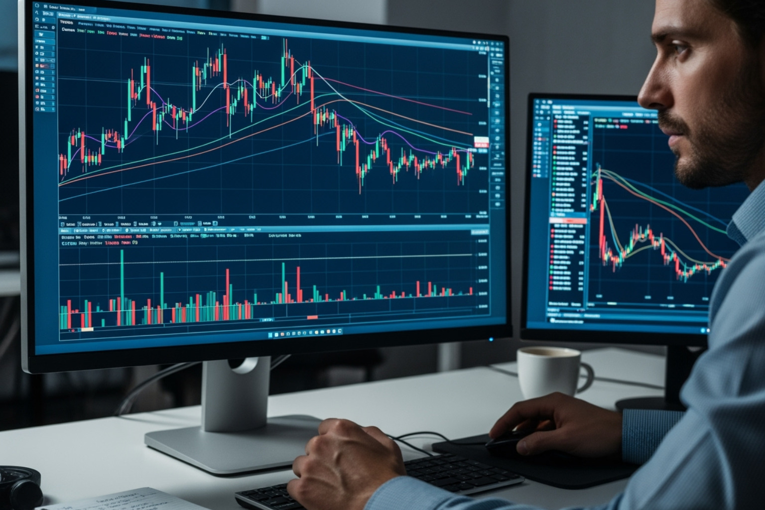 trader looking thoughtfully at a complex market graph, emphasizing strategy - crypto 30x .com