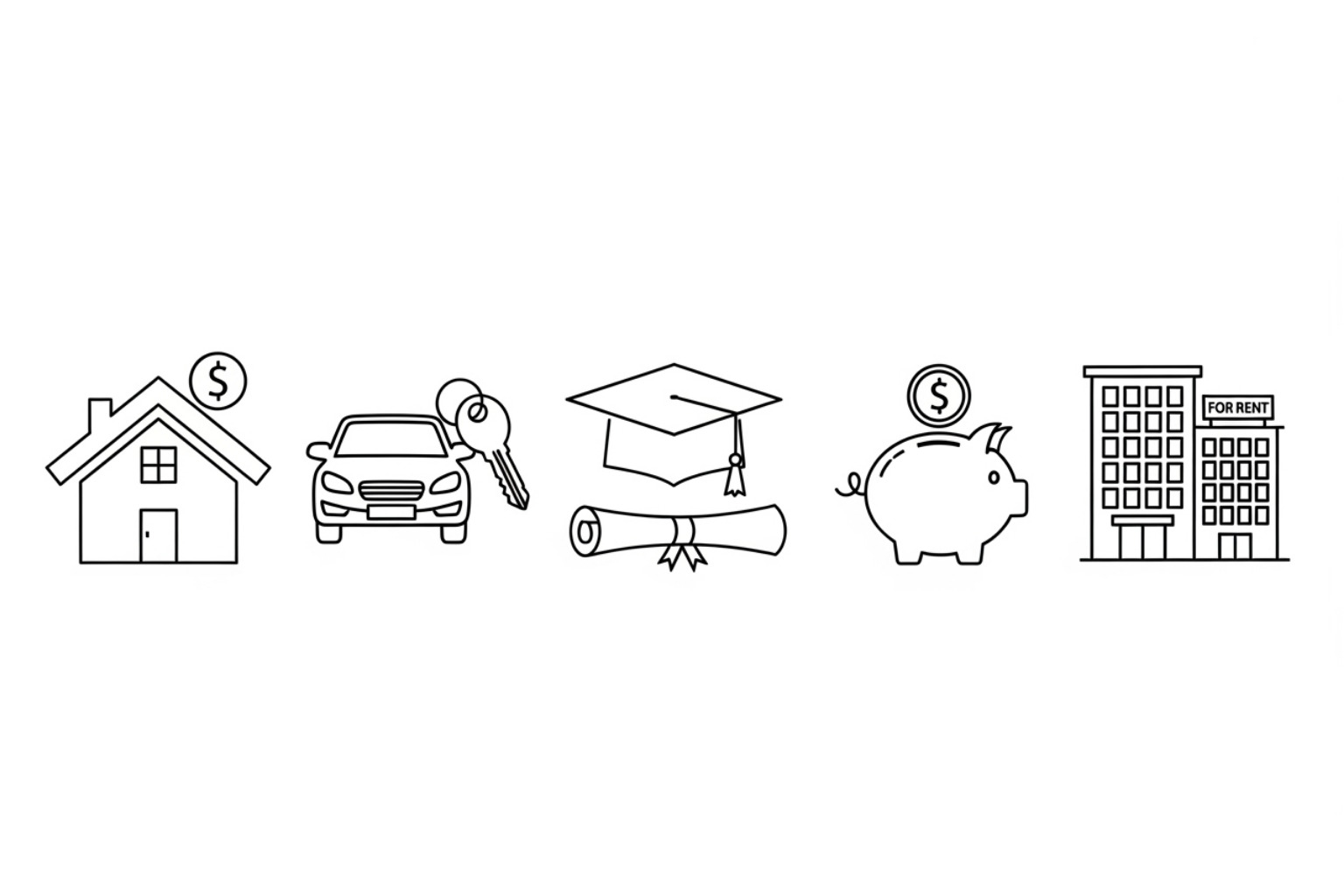 Icons representing different loan types: a house for mortgage, a car for auto, a graduation cap for student, a piggy bank for personal, and a building for business. - traceloans.com
