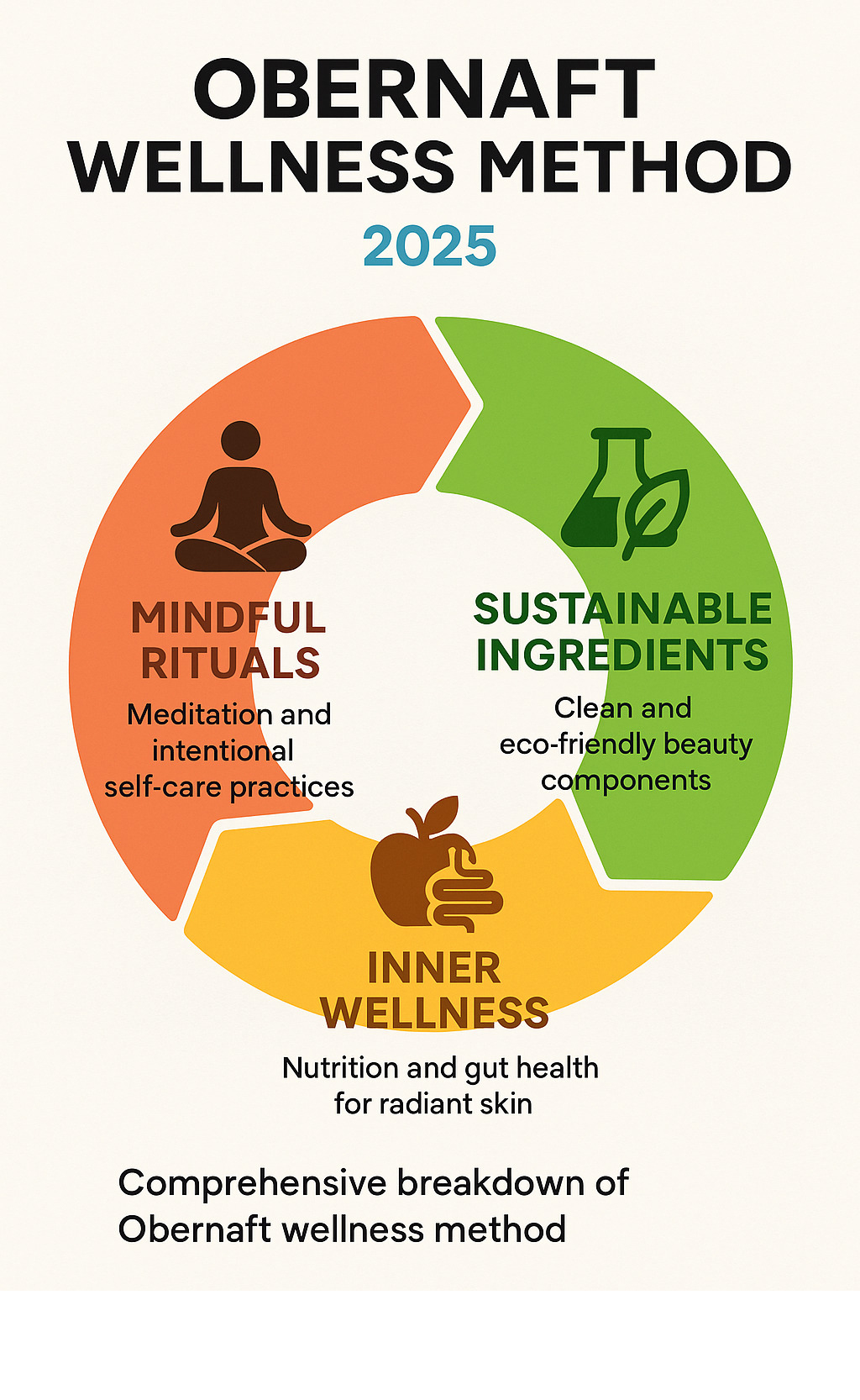 Comprehensive breakdown of the Obernaft wellness method showing three interconnected pillars: Mindful Rituals featuring meditation and intentional self-care practices, Sustainable Ingredients highlighting clean and eco-friendly beauty components, and Inner Wellness emphasizing nutrition and gut health for radiant skin - obernaft infographic 