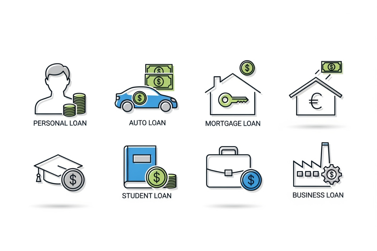 Icons representing various loan types including Personal, Auto, Mortgage, Student, and Business Loans - traceloans.com