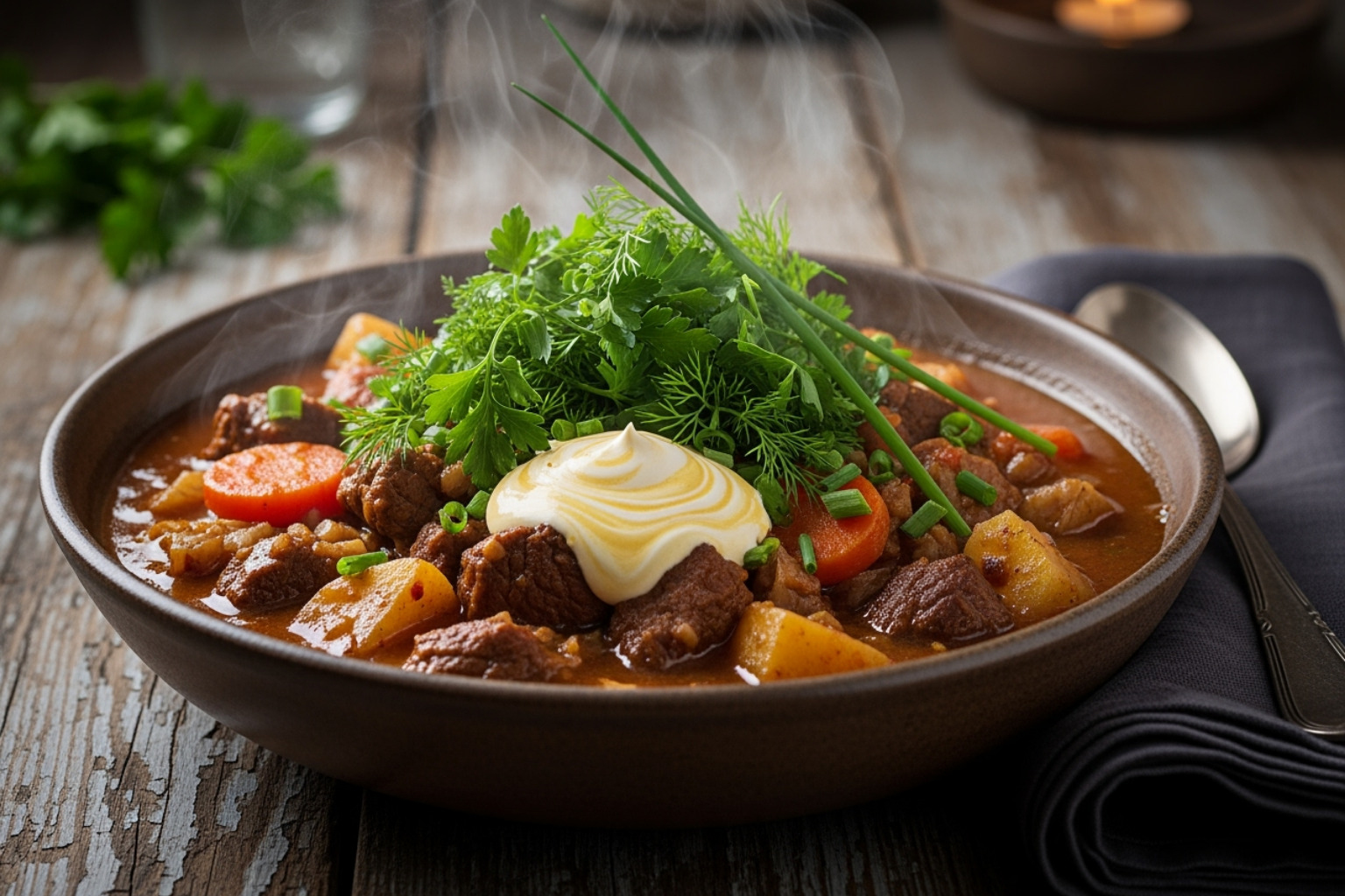 A hearty bowl of Obernaft stew, garnished with fresh herbs - obernaft