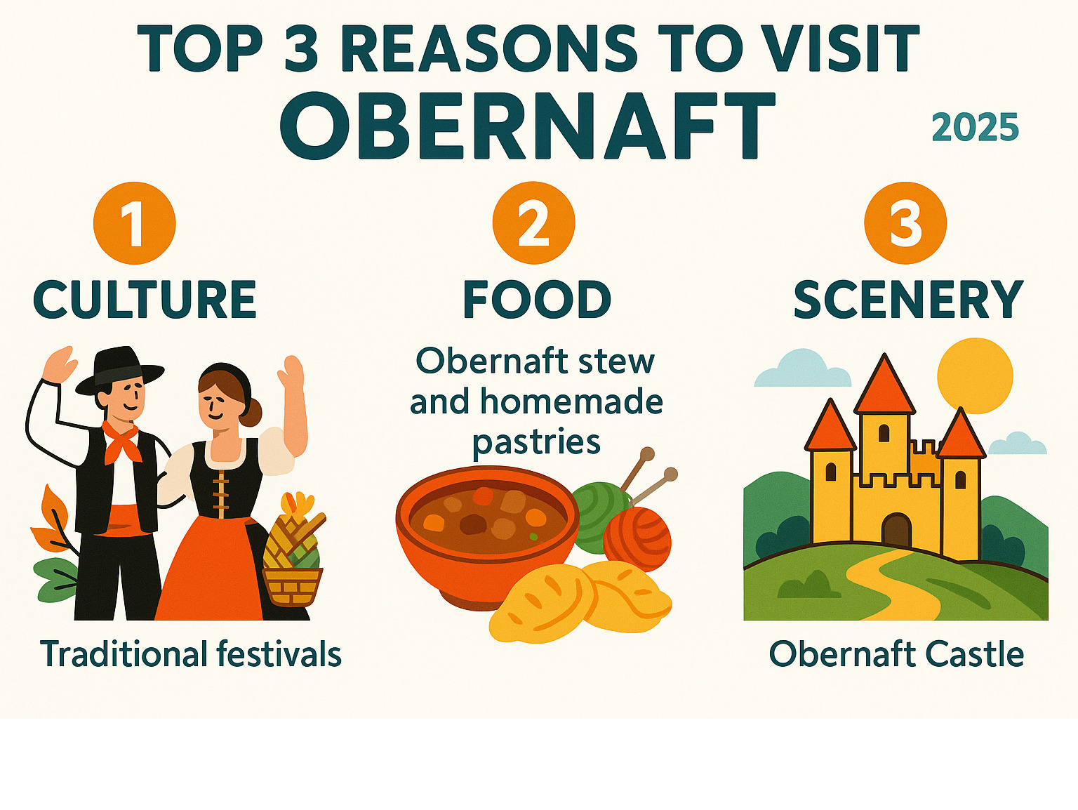 Infographic showing the top 3 reasons to visit Obernaft: Culture featuring traditional festivals and artisan crafts, Food highlighting local specialties like Obernaft stew and homemade pastries, and Scenery showcasing breathtaking landscapes and historic landmarks like Obernaft Castle - obernaft infographic 