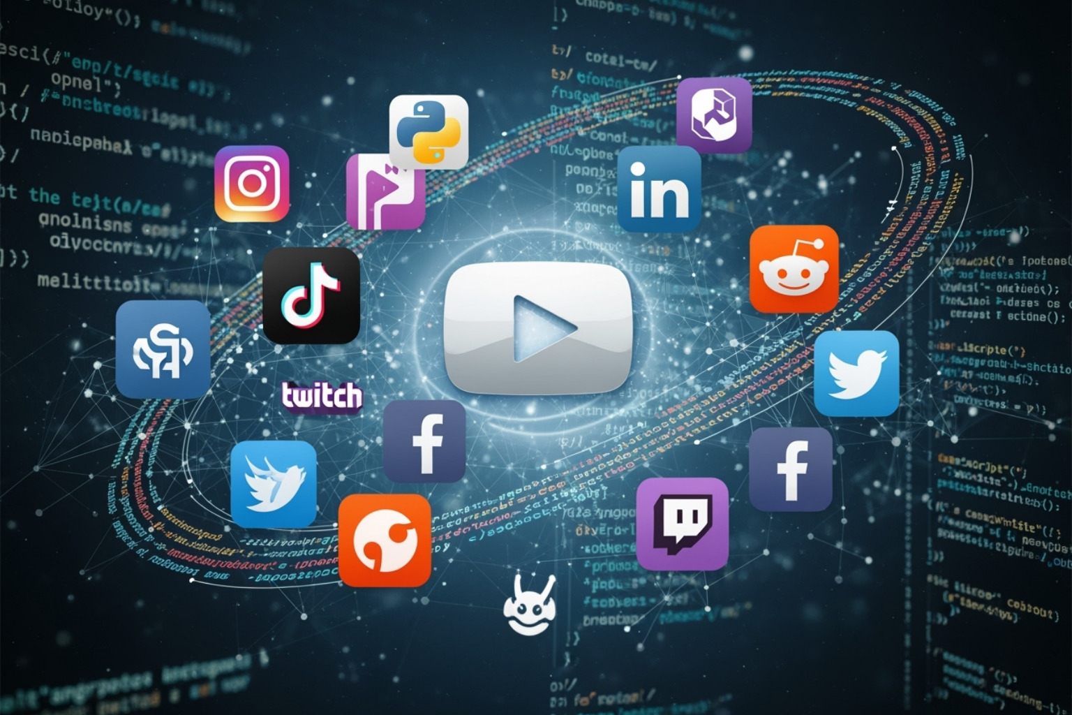 Digital collage showing viral videos, tech code, and social media icons, representing content aggregation, tech education, and a hybrid platform - trwho.com