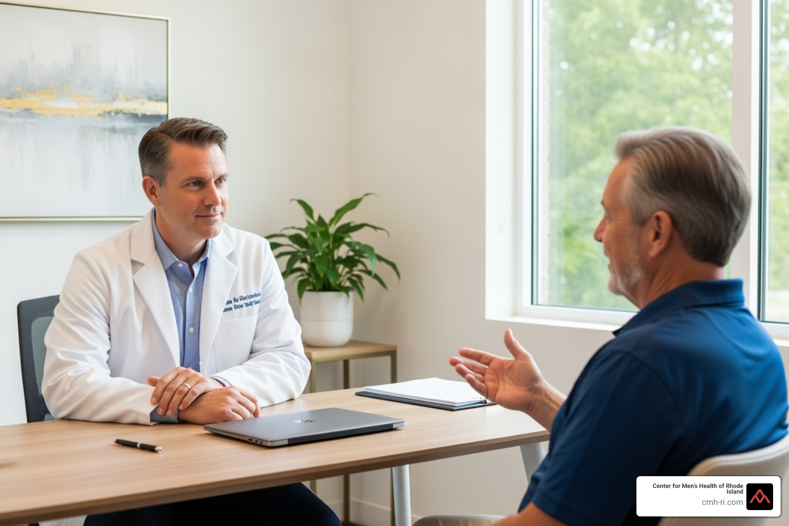 A doctor discusses options with a patient in a consultation room. A doctor discusses options with a patient in a consultation room.