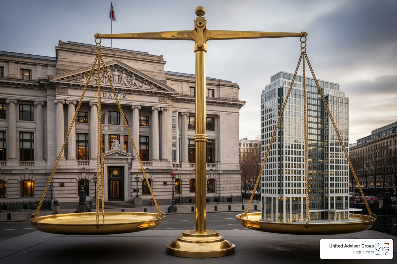 Scale balancing a large, traditional bank building against a smaller, modern office building - RIA platform comparison