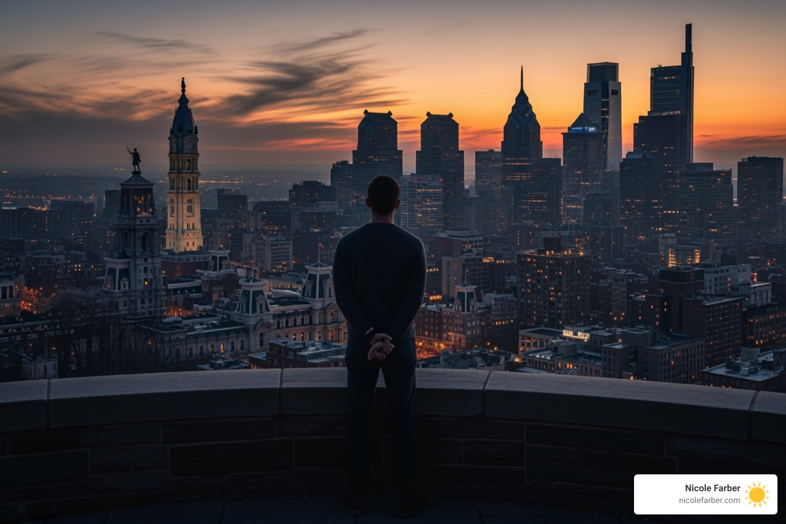 Single person looking out over a cityscape like Philadelphia - Faith-based business leadership Single person looking out over a cityscape like Philadelphia - Faith-based business leadership