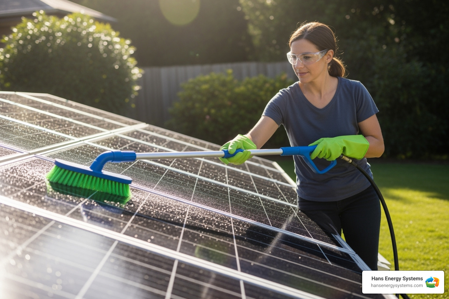 Image of a homeowner using a long-handled brush to clean ground-mounted solar panels, with safety glasses and gloves - solar energy repair near me