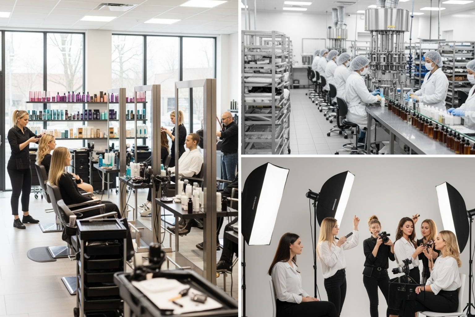 various beauty business scenarios like product manufacturing and a busy salon -  traceloans.com business loans