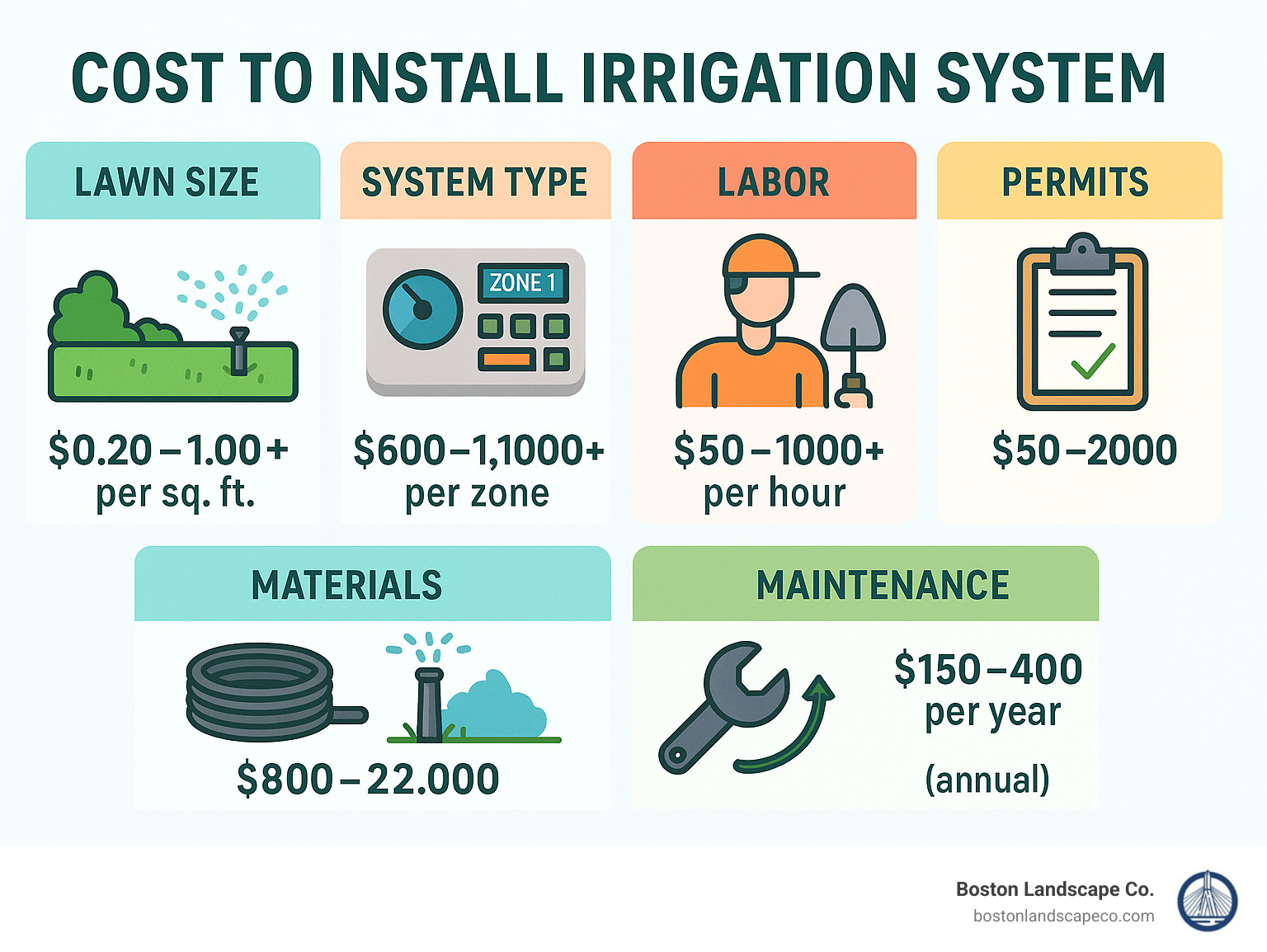 Detailed breakdown of irrigation system cost factors including lawn size, system type, labor, materials, permits, and ongoing maintenance with price ranges for each component - cost to install irrigation system infographic 