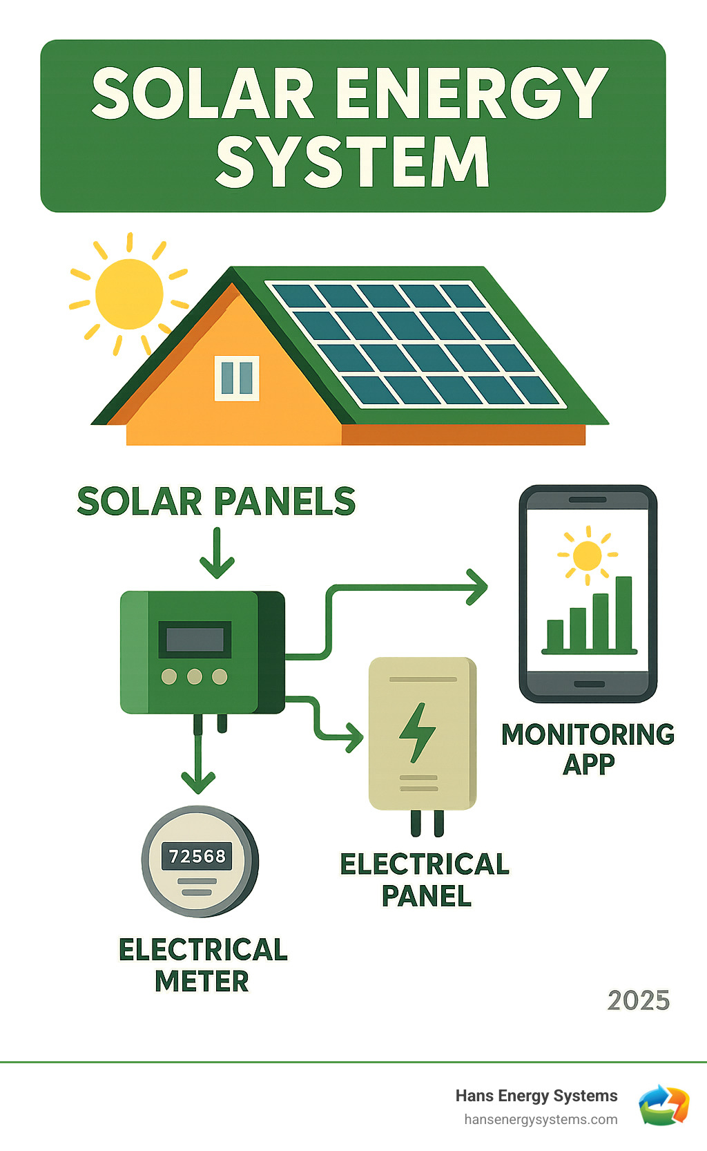 Infographic showing the main components of a residential solar energy system including solar panels on roof, inverter box, electrical meter, and monitoring app on smartphone, with arrows showing energy flow from panels through inverter to home electrical panel - solar energy repair near me infographic 