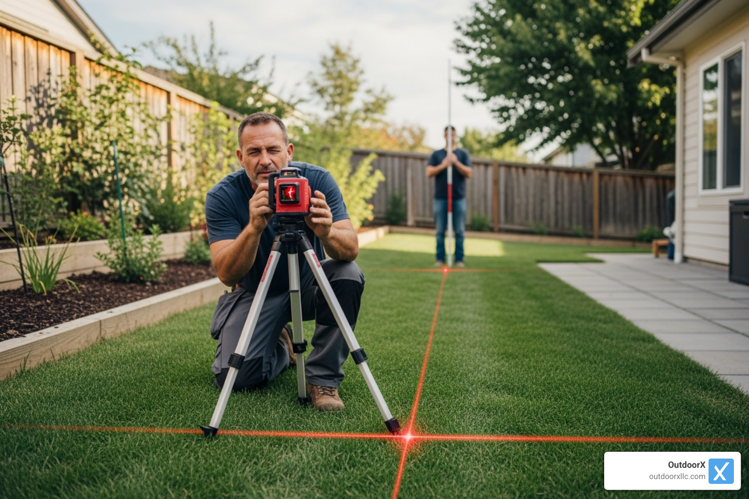 A professional drainage contractor uses a laser level to accurately assess the slope and grade of a residential yard, ensuring precise measurements for effective water runoff and drainage system planning. - grading and drainage companies near me