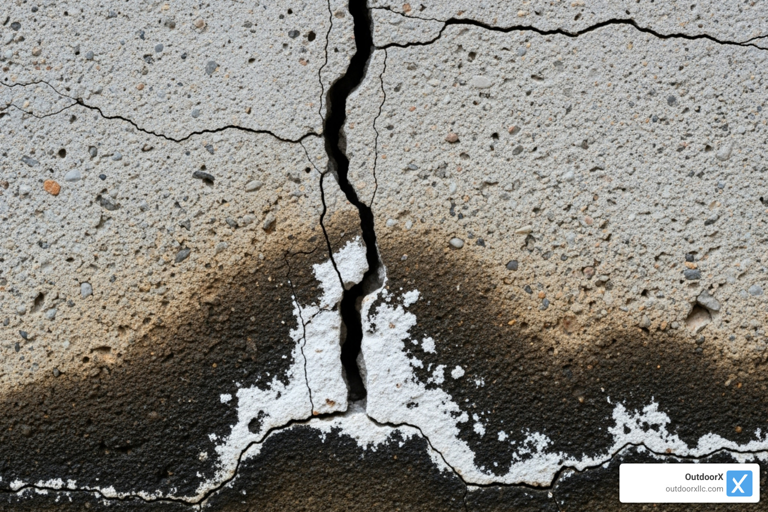 A close-up image of a cracked concrete foundation wall with visible water stains and efflorescence, indicating water intrusion and potential structural damage. - grading and drainage companies near me