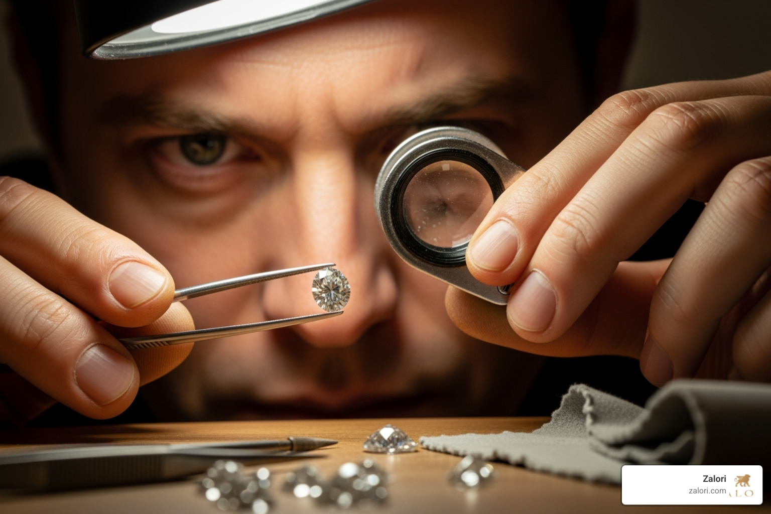 jeweler inspecting a diamond with a loupe - Engagement rings Chicago jeweler inspecting a diamond with a loupe - Engagement rings Chicago