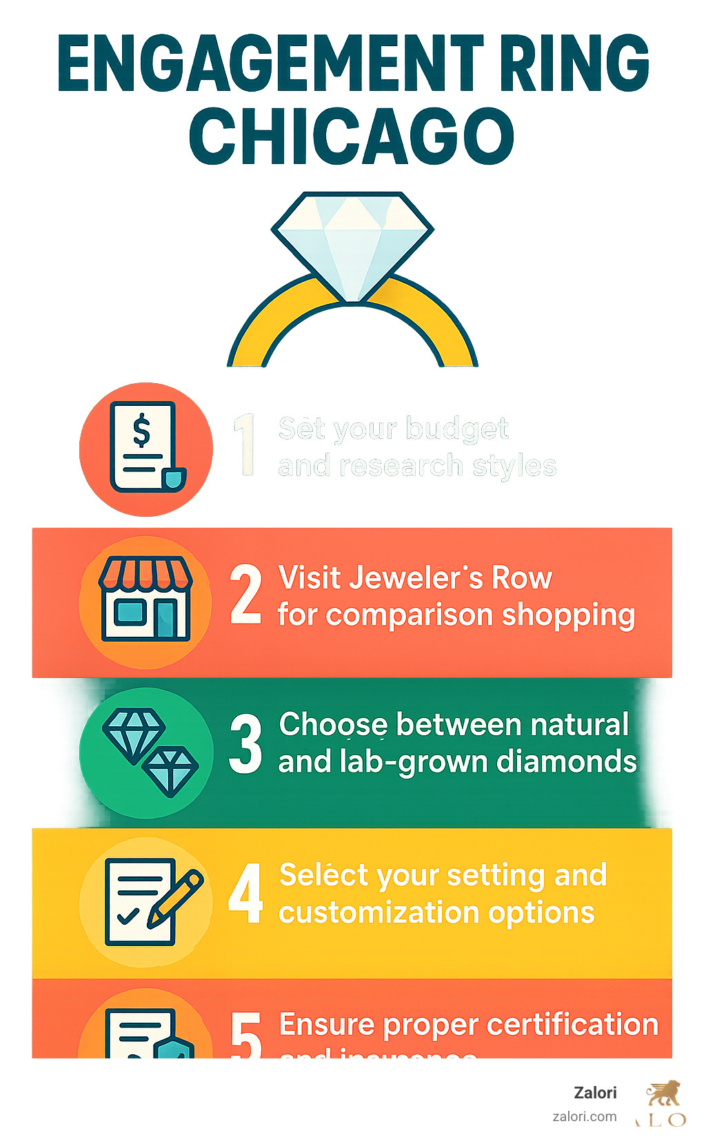 Infographic showing the 5-step Chicago engagement ring shopping process: 1. Set your budget and research styles, 2. Visit Jeweler's Row for comparison shopping, 3. Choose between natural and lab-grown diamonds, 4. Select your setting and customization options, 5. Ensure proper certification and insurance - Engagement rings Chicago infographic Infographic showing the 5-step Chicago engagement ring shopping process: 1. Set your budget and research styles, 2. Visit Jeweler's Row for comparison shopping, 3. Choose between natural and lab-grown diamonds, 4. Select your setting and customization options, 5. Ensure proper certification and insurance - Engagement rings Chicago infographic