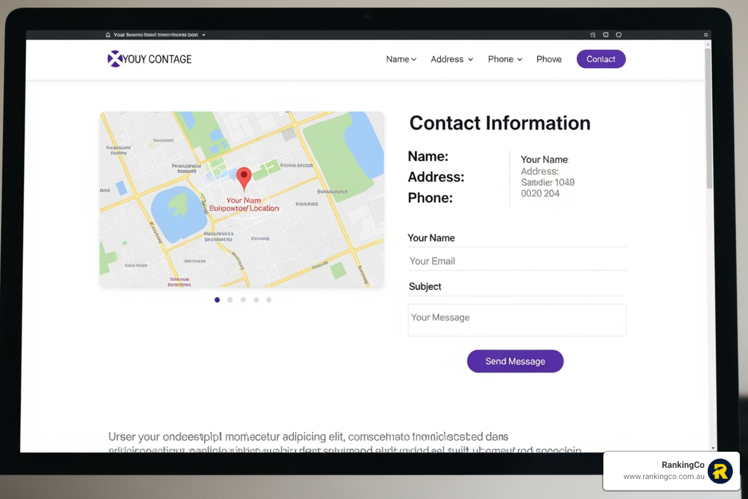 A website's contact page showing an embedded map, clear Name, Address, and Phone (NAP) details, and user-friendly contact form - Local SEO audit
