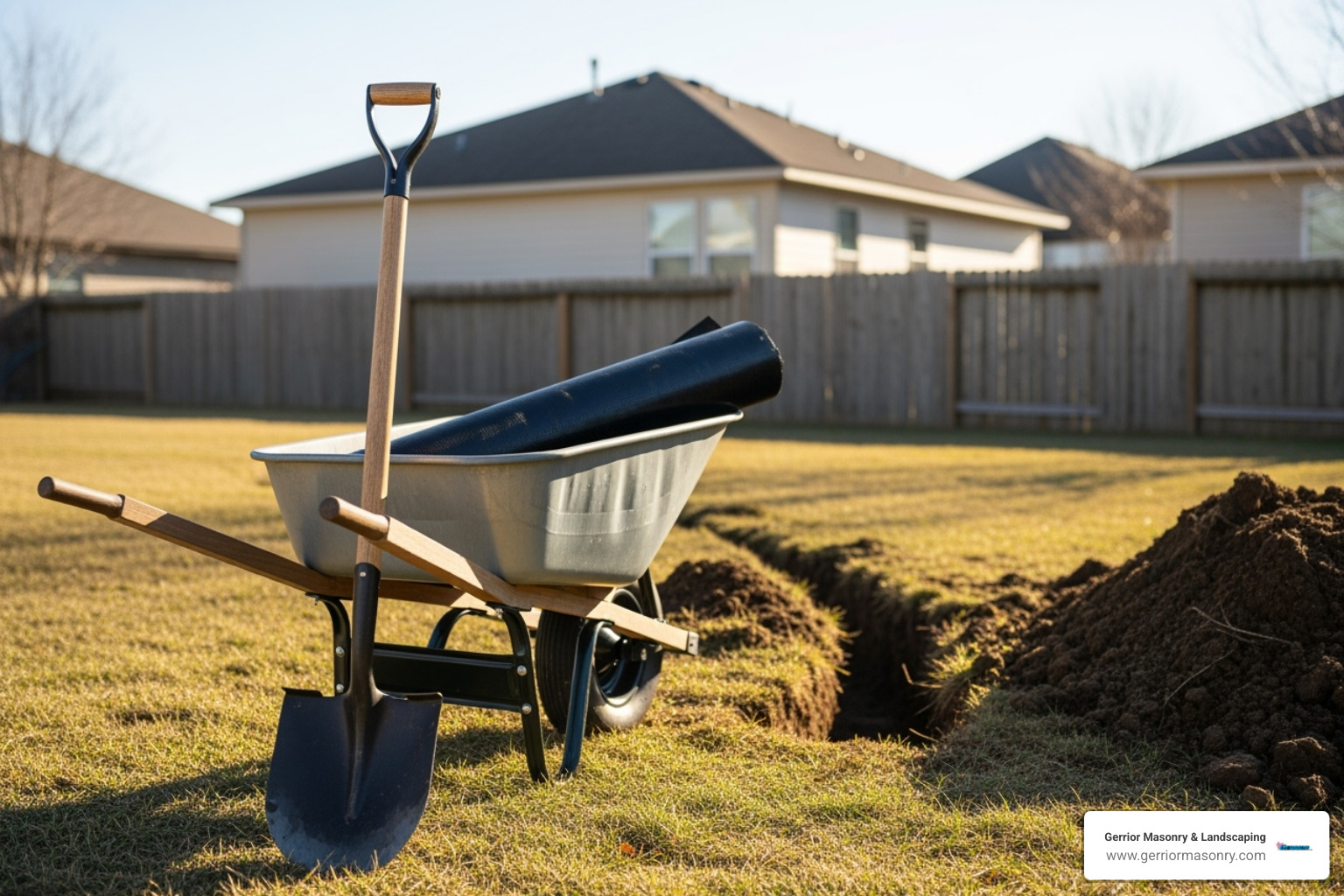 tools needed for French drain installation like a shovel, wheelbarrow, and landscape fabric - french ditch