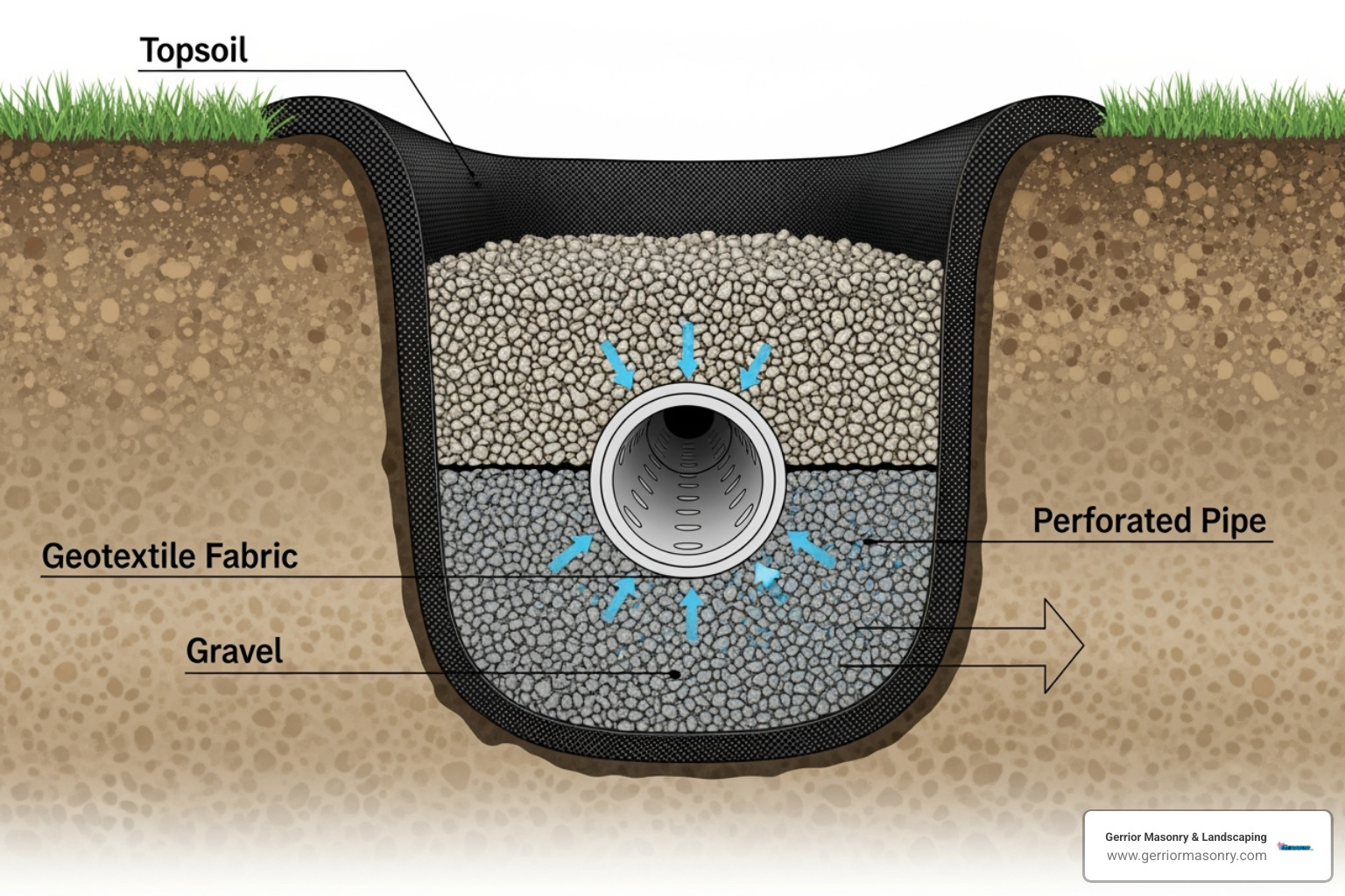 cross-section of a French drain showing the layers of gravel, fabric, and perforated pipe - french ditch