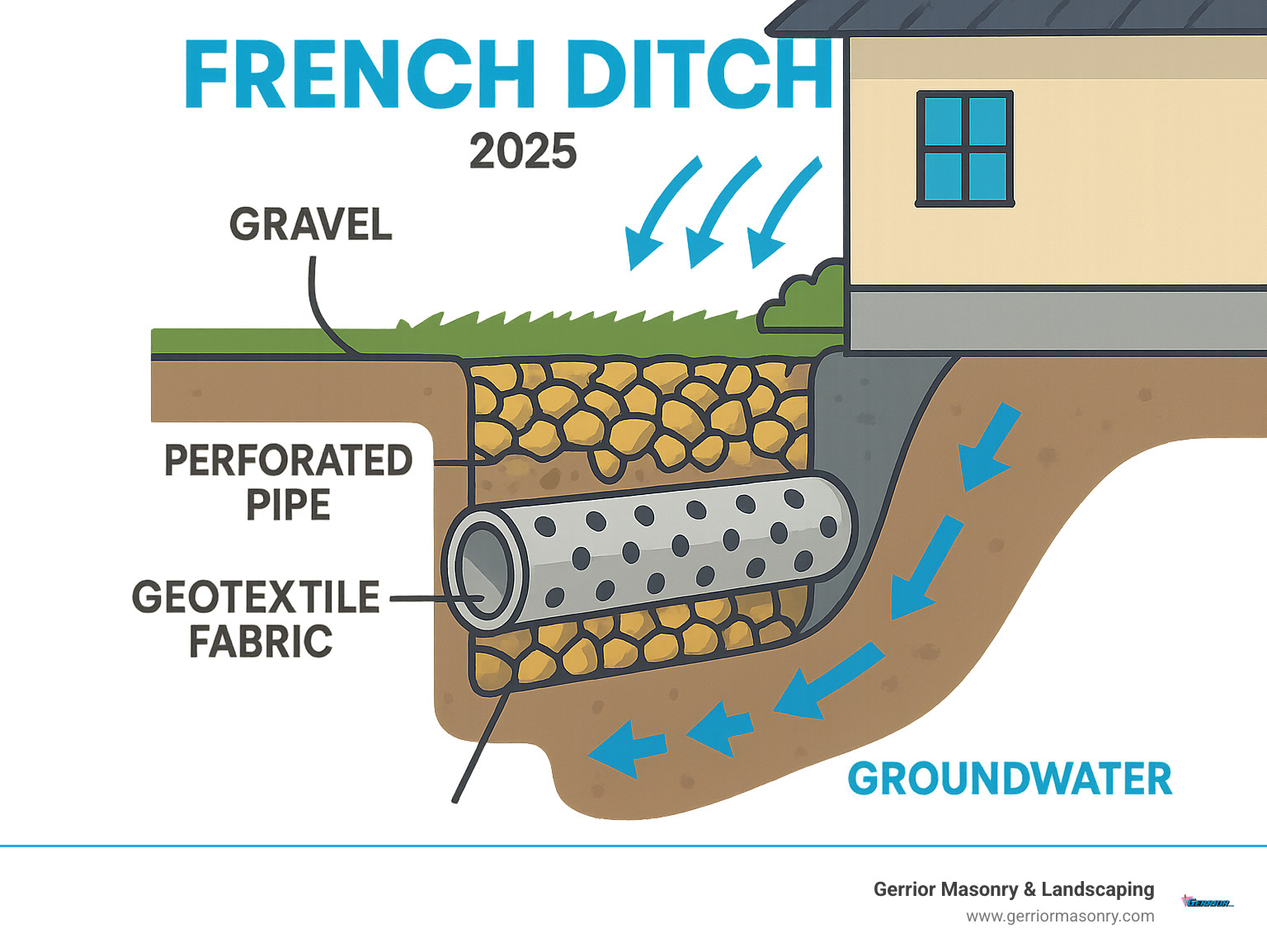 Detailed infographic showing cross-section of a French drain system with labeled components including perforated pipe, gravel layers, geotextile fabric, and water flow arrows directing groundwater away from a house foundation - french ditch infographic 