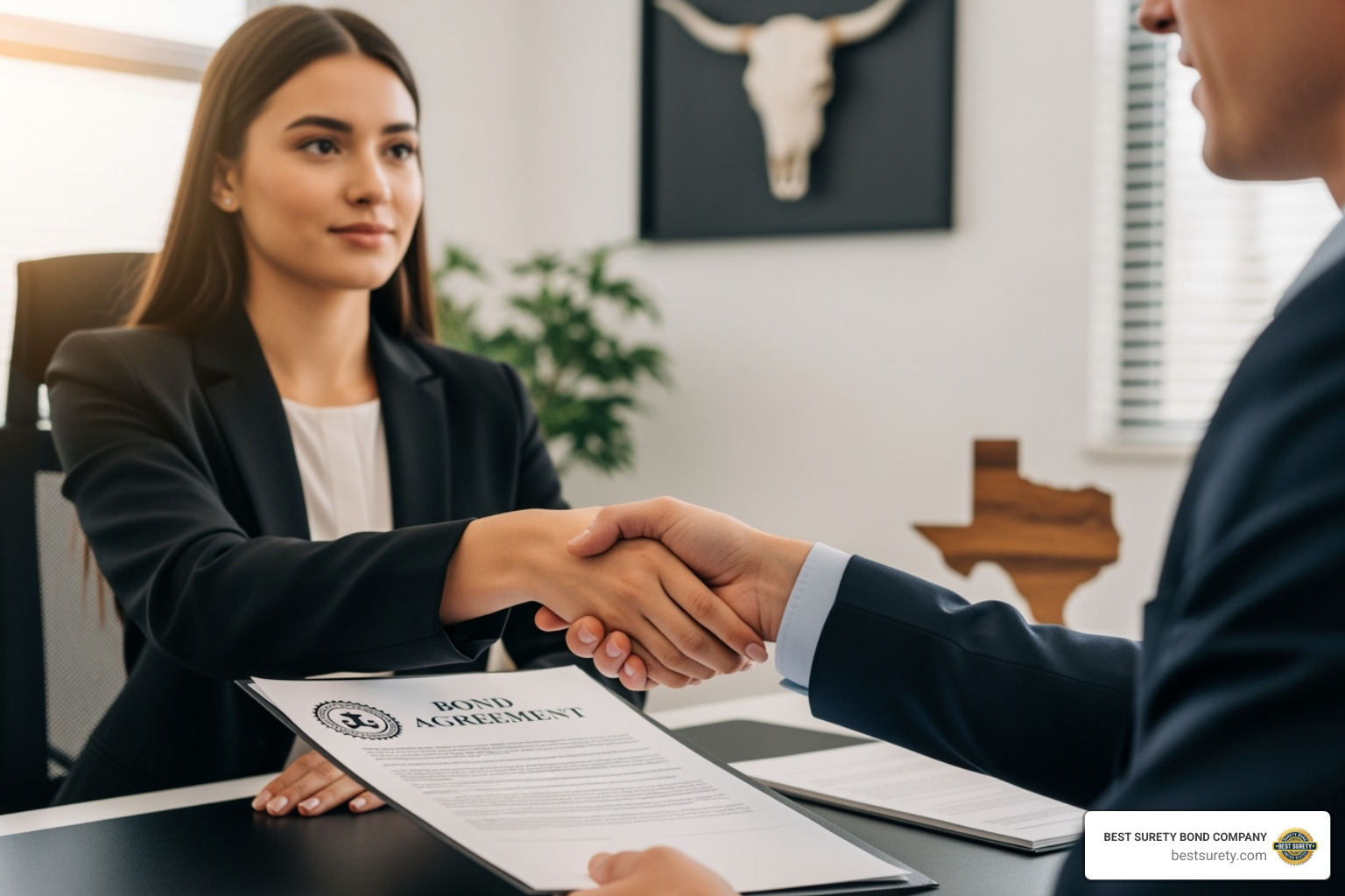 Person receiving a bond document and shaking hands with a Texas-based agent - surety bond criminal court