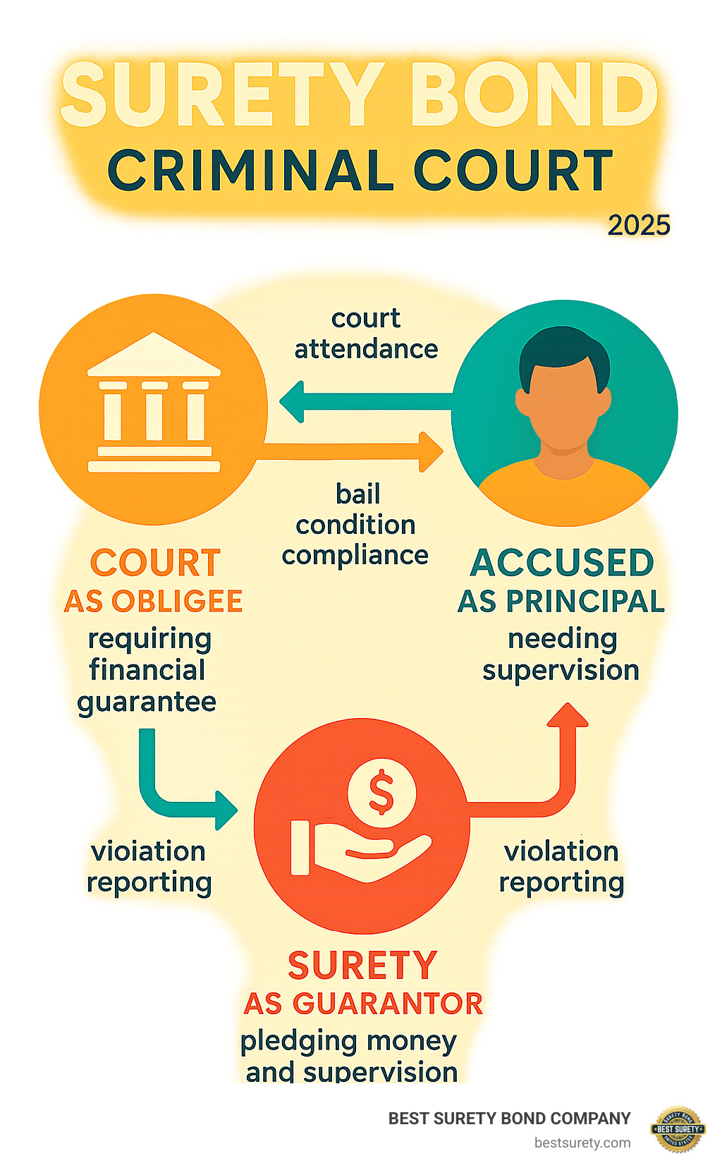 Infographic showing the three-party relationship in criminal court surety bonds: Court as obligee requiring financial guarantee, Accused as principal needing supervision, and Surety as guarantor pledging money and supervision, with arrows showing responsibilities including court attendance, bail condition compliance, and violation reporting - surety bond criminal court infographic 
