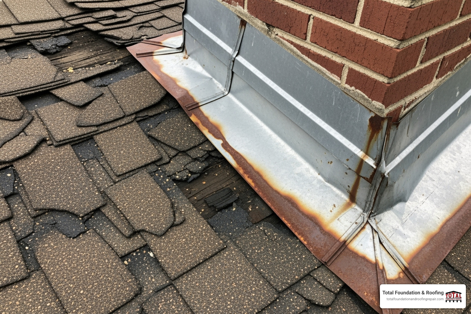 a close-up of curled asphalt shingles and another of damaged flashing around a chimney - free estimate for roof repair