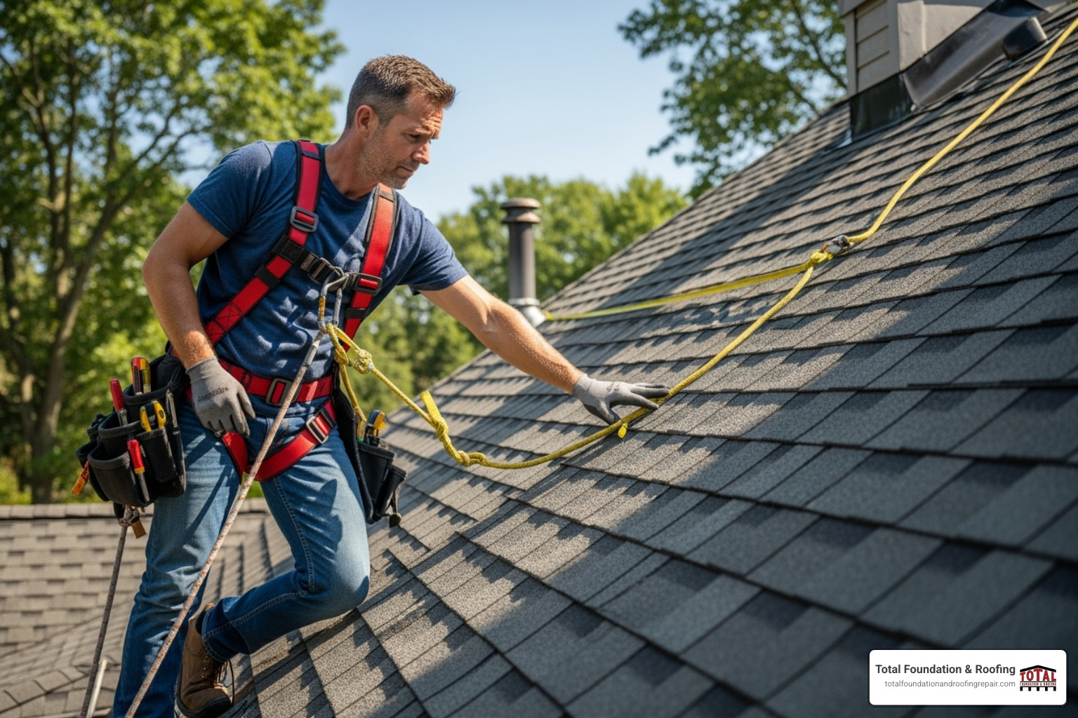 a roofer in safety harness inspecting a roof - free estimate for roof repair