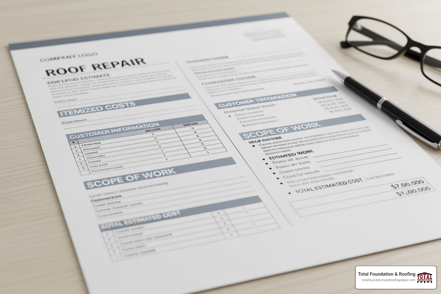 a sample professional roof estimate document, highlighting key sections like itemized costs and scope of work - free estimate for roof repair