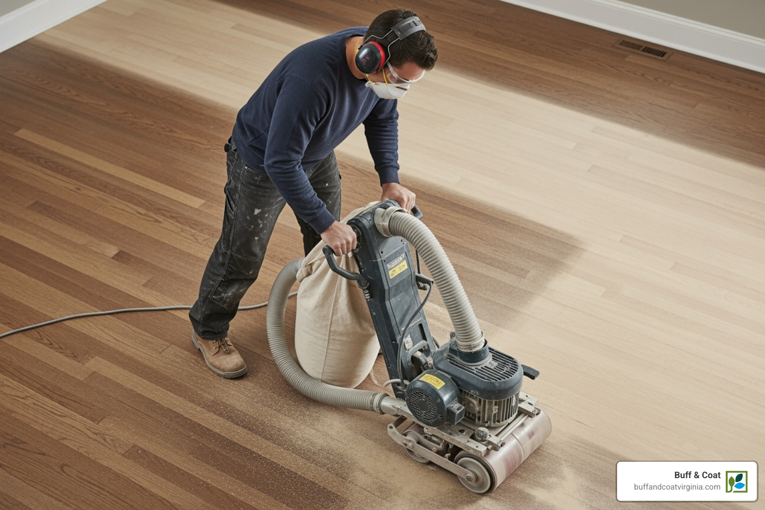 Person operating a drum sander - sand and refinish hardwood Person operating a drum sander - sand and refinish hardwood