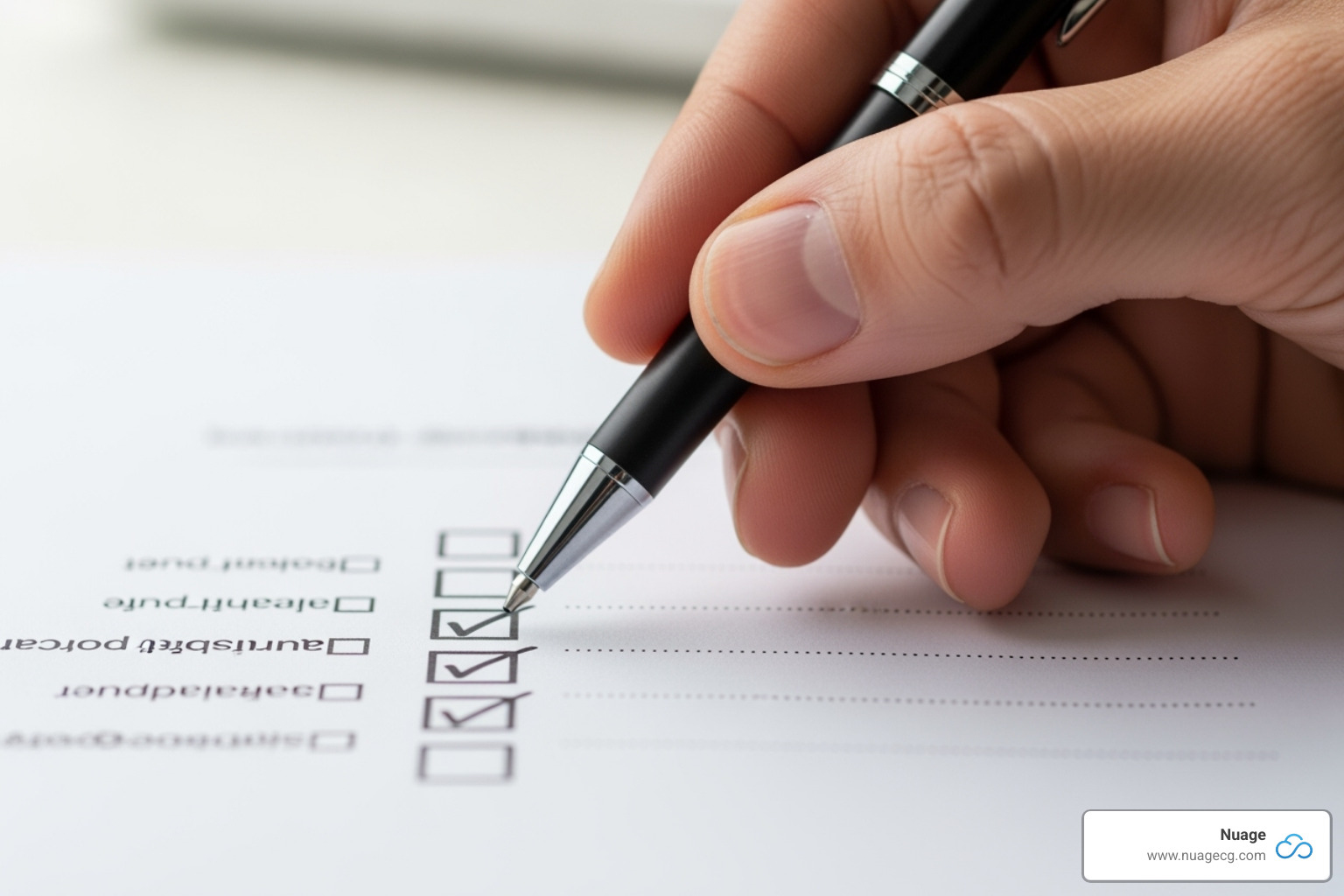 A hand holding a pen, ready over a checklist titled 'Hiring an ERP Consultant', with various boxes checked, indicating a thorough evaluation process. - erp software implementation consultant