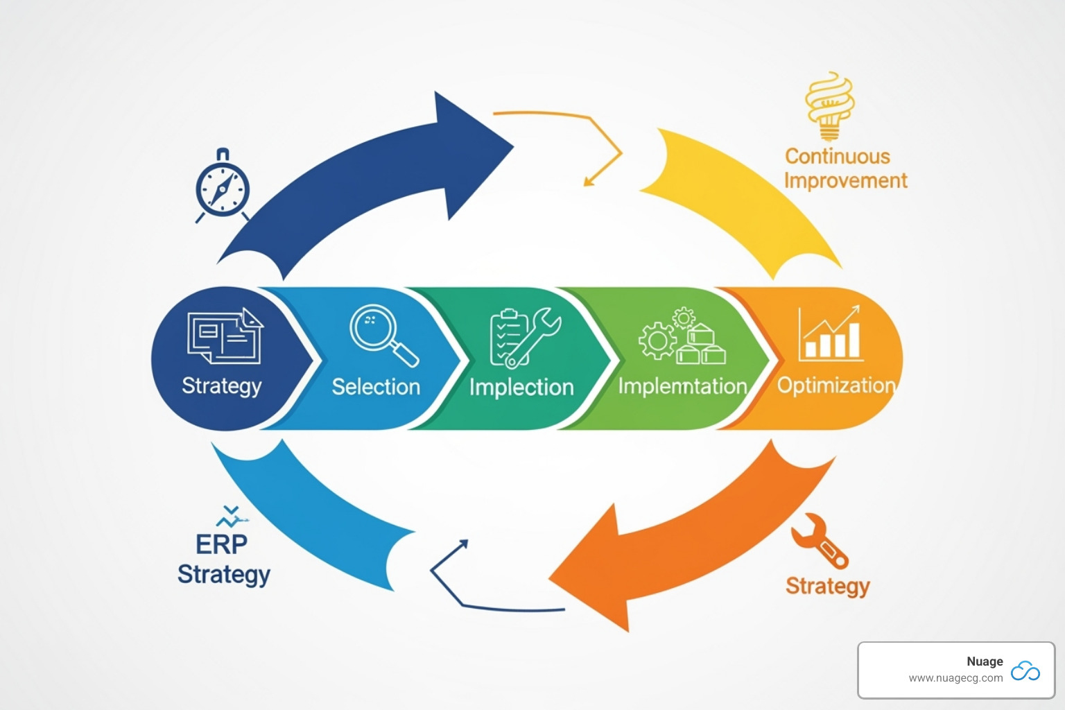 An illustration depicting the circular ERP project lifecycle, starting with Strategy, moving to Selection, then Implementation, followed by Optimization, and finally Continuous Improvement, with arrows indicating the cyclical nature. - erp software implementation consultant
