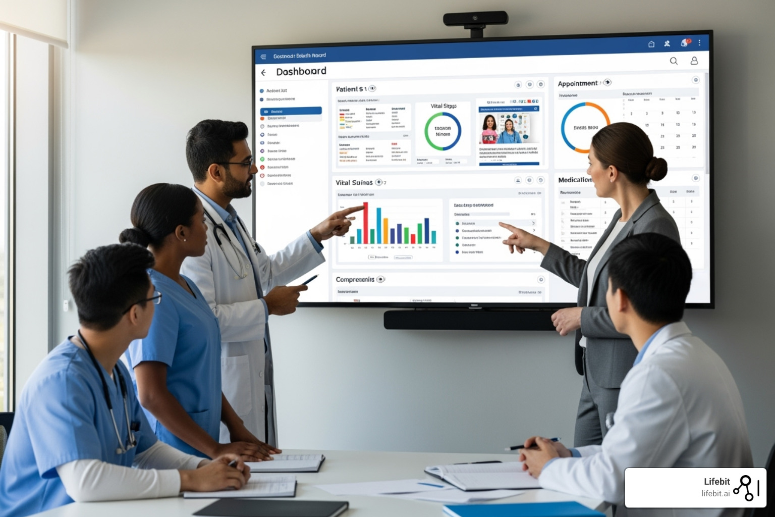 Diverse healthcare team collaborating around a screen displaying an EHR dashboard - EHRs