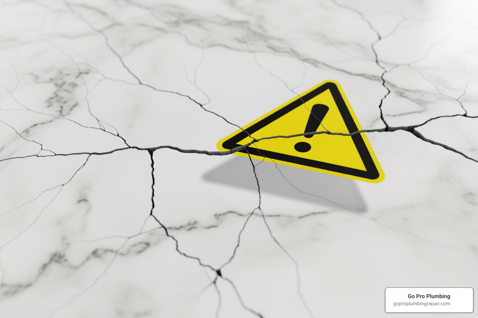 A cracked marble countertop with a warning symbol over it - vinegar and baking soda
