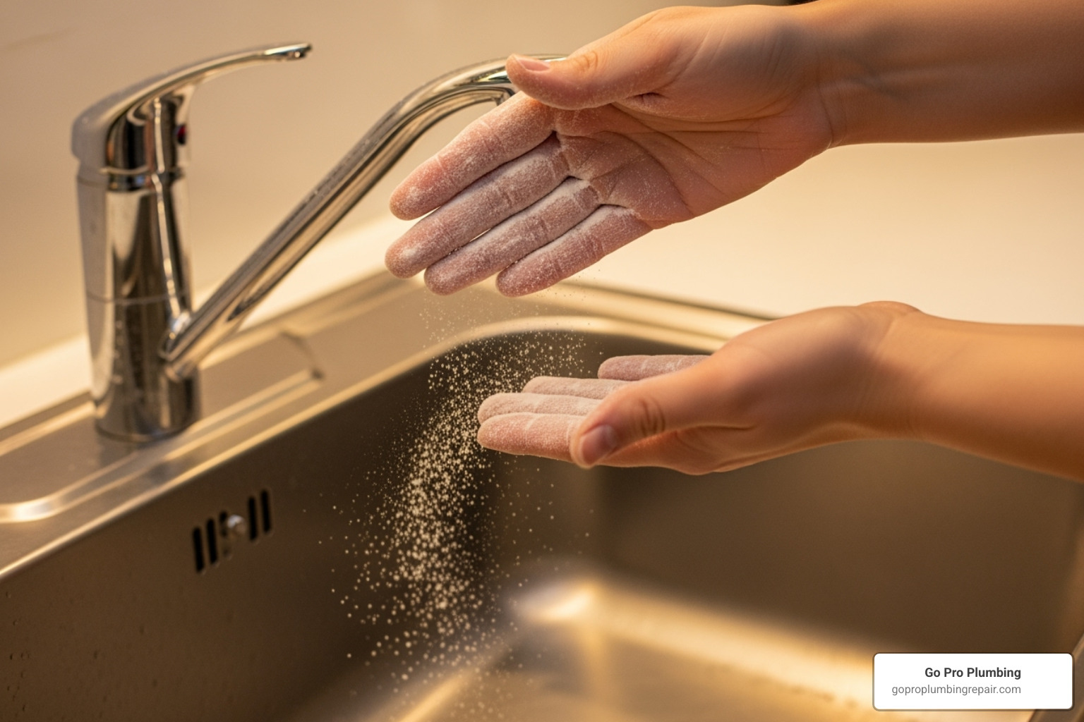 A person sprinkling baking soda into a stainless steel sink - vinegar and baking soda