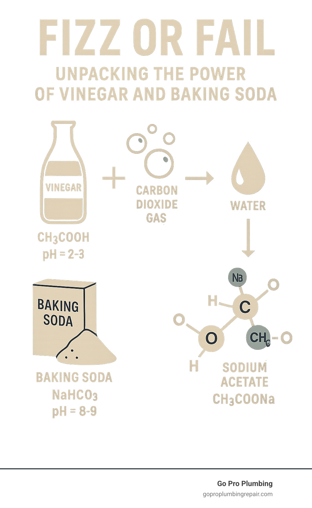 Detailed infographic showing the chemical reaction between vinegar (CH3COOH) and baking soda (NaHCO3), illustrating how they combine to produce carbon dioxide gas bubbles, water, and sodium acetate, with pH levels and molecular diagrams - vinegar and baking soda infographic 