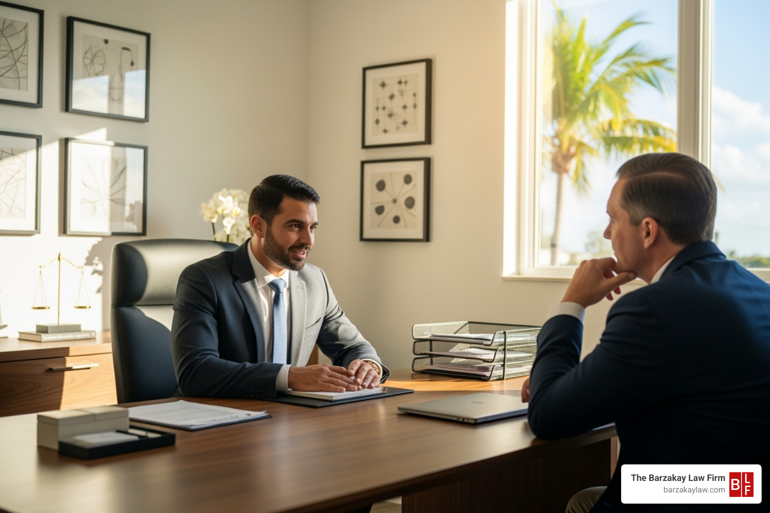 compassionate lawyer meeting with client in South Florida office - medical malpractice claim Florida
