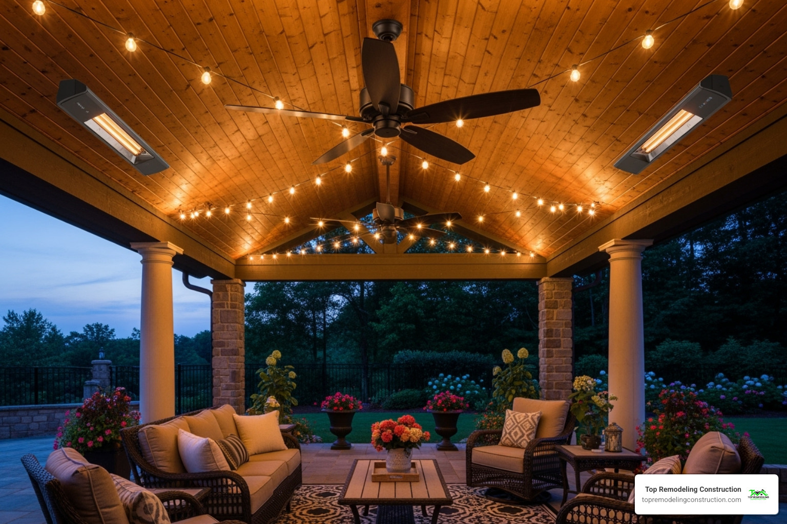 covered patio at dusk with ambient string lights, a ceiling fan, and built-in heaters - patio cover covered patio at dusk with ambient string lights, a ceiling fan, and built-in heaters - patio cover