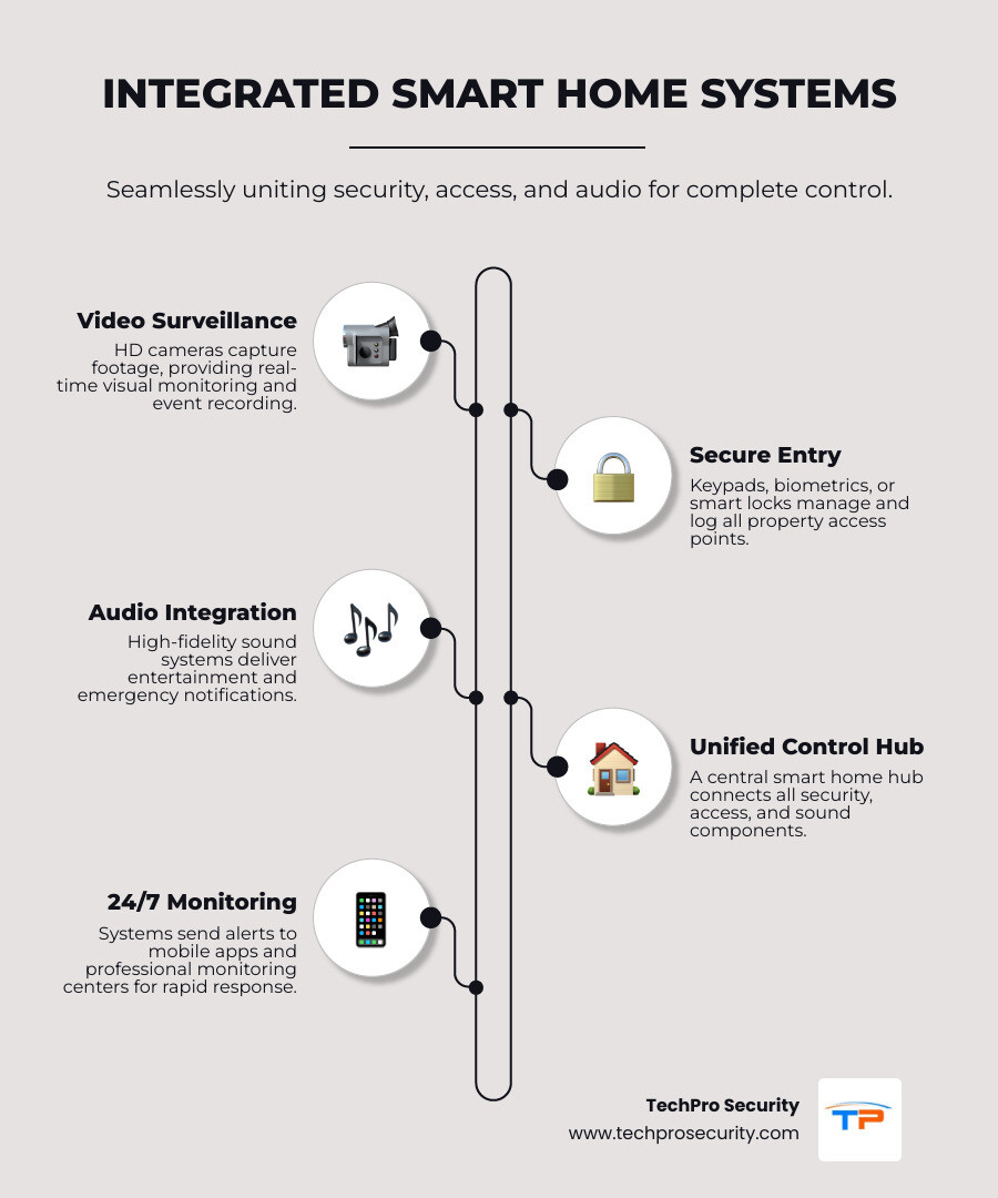 Infographic showing how security cameras connect to access control panels and sound systems through a central hub, with mobile app monitoring and 24/7 professional monitoring services - security and sound systems boca raton infographic infographic-line-5-steps-neat_beige