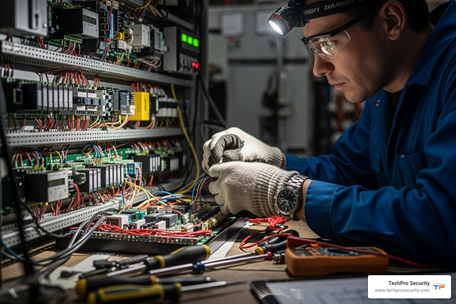 technician carefully wiring a control panel - security and sound systems boca raton