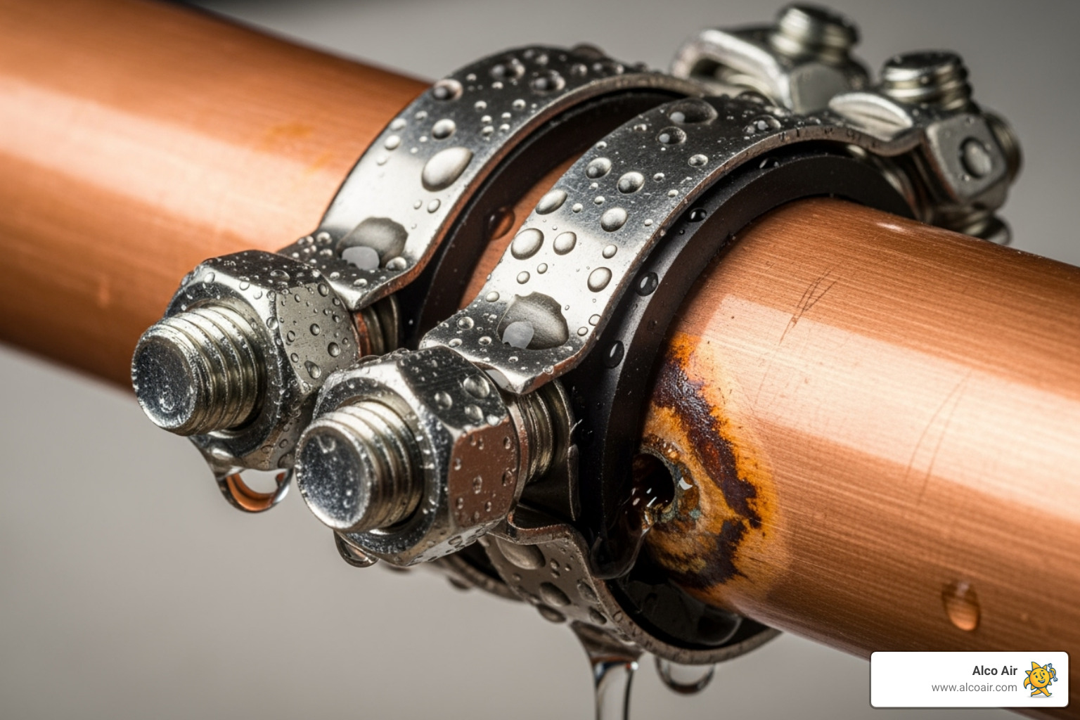 A pipe repair clamp correctly installed on a copper pipe, sealing a small leak - copper pipe repair